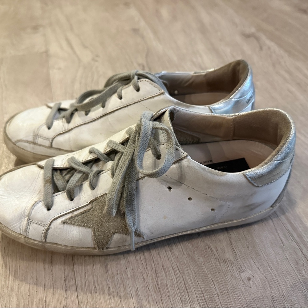 Golden Goose White Leather Sneakers with Gray Star and Silver Heel Tab - Picture 4 of 9